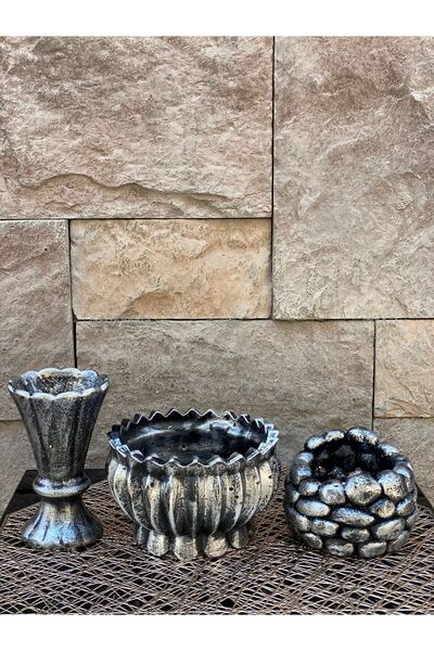 Peramari Σετ Τριών Βάζων Πολυεστέρα - Ασημί Μαύρο Αντίκα