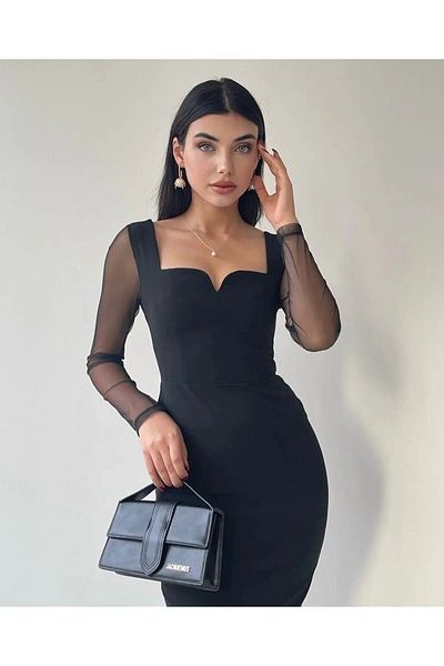 OlaLady Ρομαντικό μαύρο μολύβι φόρεμα με λεπτομέρεια από τούλι