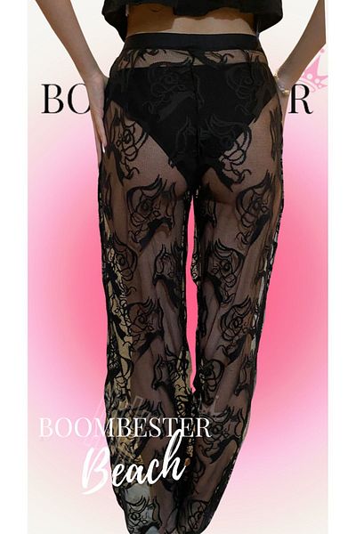 BoomBester Μαύρο Δαντελένιο Λεπτομερές Pareo Beach Pants - Διαφανές