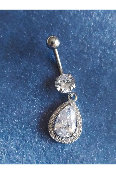 AyçaSilver Medical Steel Zircon Stone Belly Piercing with Dangle