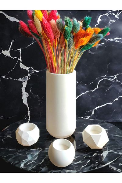 stonnish 20 cm Cylinder Concrete Long Vase and Candle Holder Set - Decorative and Gift, Raw White (4 Pieces)