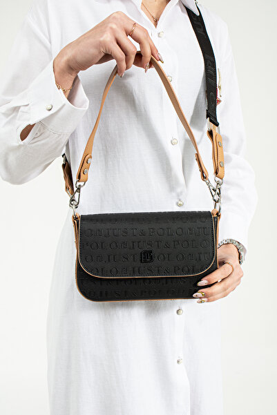 Just Polo أسود تان الموسم الجديد منقوشة 5 حجرة حقيبة كتف نسائية متقاطعة 23x14...