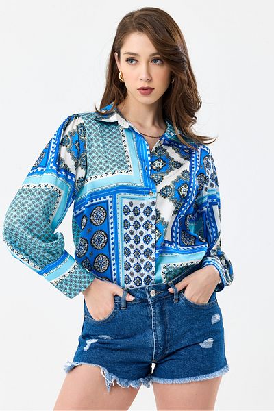 MD trend Cămașă de damă din satin supradimensionat cu model etnic - mâneci balon și umeri încrețiți