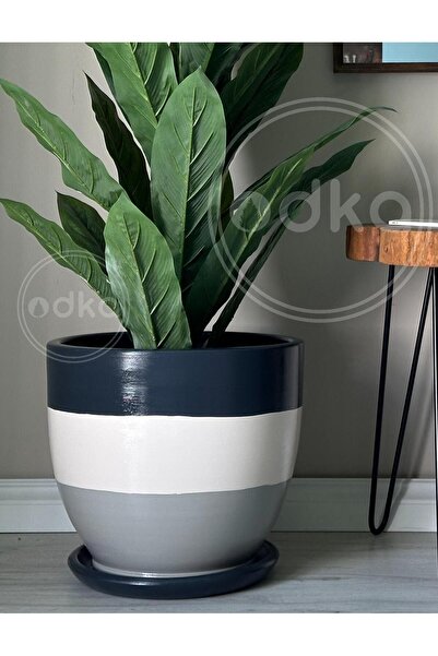 odka 10litre Saksı Tabaklı Çap: 25cmx Yükseklik: 23cm Antrasit Ekru Granit