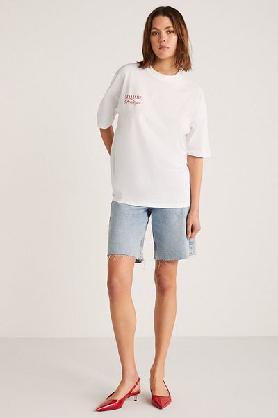 GRIMELANGE Luck Women - White T-shirt, Front and Back Red Text Detail