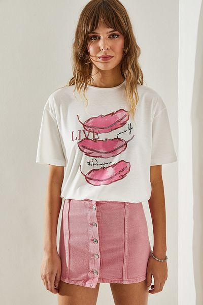 Bianco Lucci Digital Printed Women's T-Shirt - Stone Embroidered,60251383