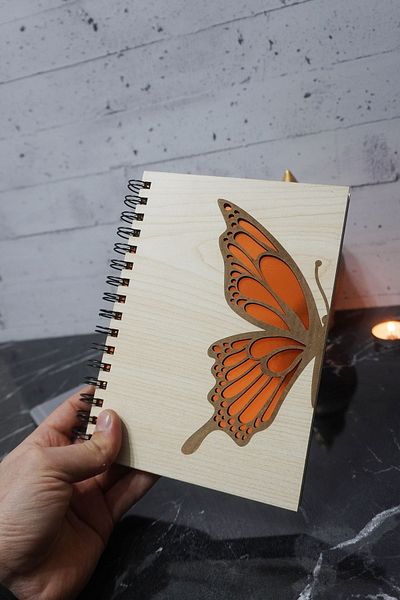 markcat Butterfly Patterned Wooden Cover Notebook - Agenda - Diary - Unlined Notebook - A5 Notebook Memory Book