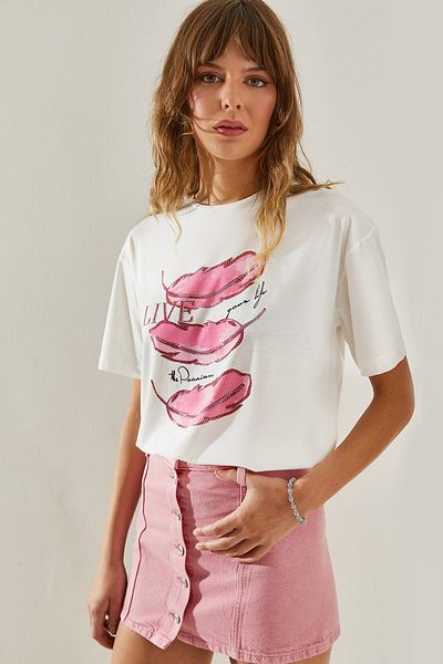 Bianco Lucci Digital Printed Women's T-Shirt - Stone Embroidered,60251383