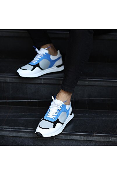 SailLakers - Λευκό δέρμα, μπλε σουέντ ανδρικά παπούτσια casual με κορδόνια 101-7064-H1071