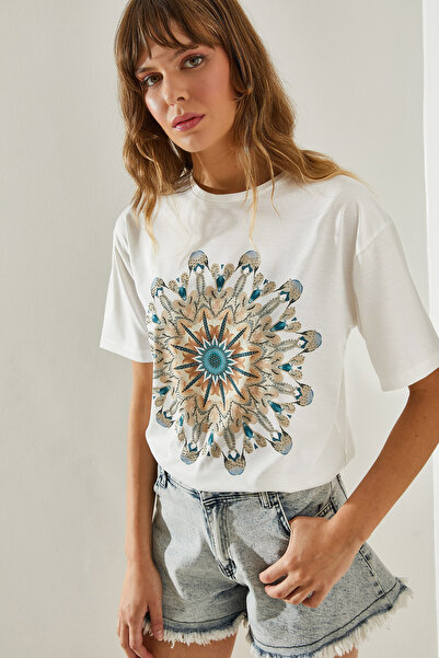 Bianco Lucci Detailní dámské tričko s etnickým vzorem - krátký rukáv60251385