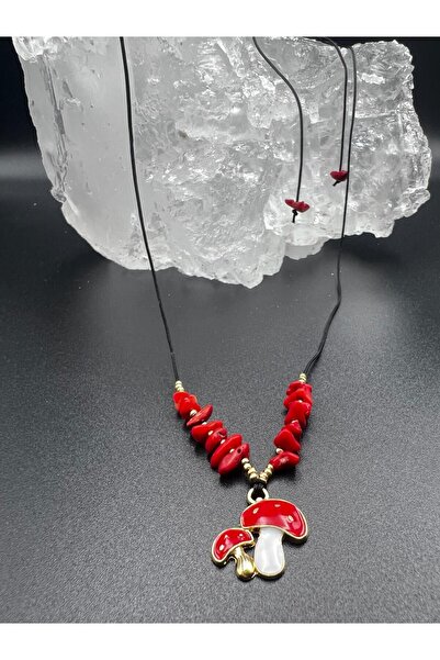 GÜMÜŞTEL EL SANATLARI قلادة بتصميم حجر طبيعي مرجاني معتمد مع تفاصيل كائن الفطر بجودة AAA