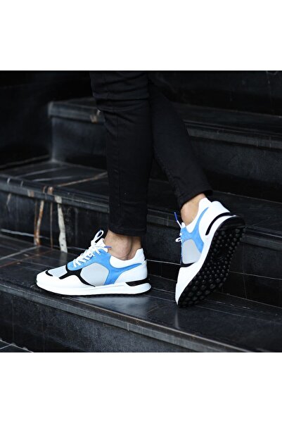 SailLakers - Λευκό δέρμα, μπλε σουέντ ανδρικά παπούτσια casual με κορδόνια 101-7064-H1071