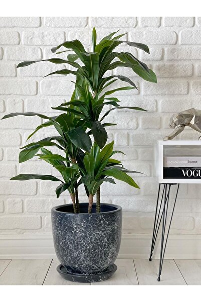 odka 10litre Saksı Tabaklı Çap: 25cmx Yükseklik: 23cm Mia Antrasit Mermer Desenli