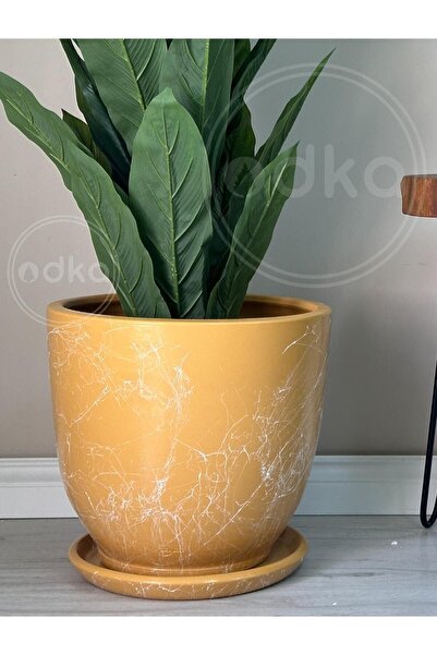 odka 10litre Saksı Tabaklı Çap: 25cmx Yükseklik: 23cm Mia Sarı Mermer Desenli