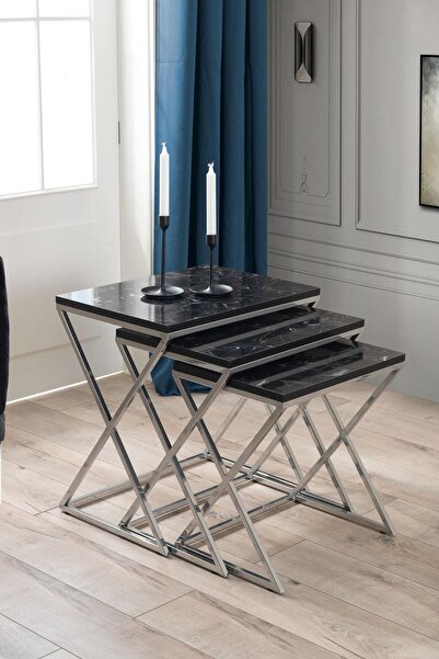 Mobievim Venedik Krom Metal Ayaklı Mermer Desenli Mdf'li Zigon Sehpa