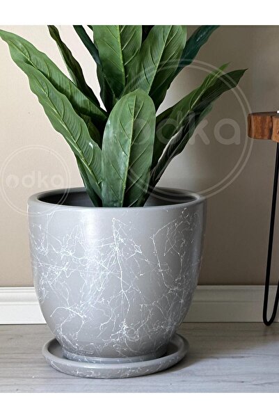 odka 10litre Saksı Tabaklı Çap: 25cmx Yükseklik: 23cm Mia Granit Beyaz Mermer Desenli