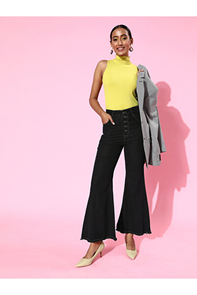 Sassafras By Styli High Rise Button Detail Bell Bottom Jeans