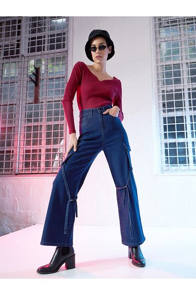 Sassafras By Styli Straight Fit Cargo Jeans with Tie-Up