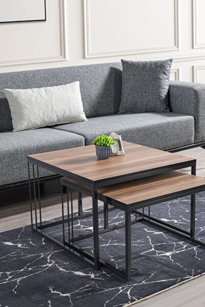 Mobievim SİENA SİYAH METAL AYAKLI CEVİZ ÜST TABLA ORTA SEHPA TAKIMI