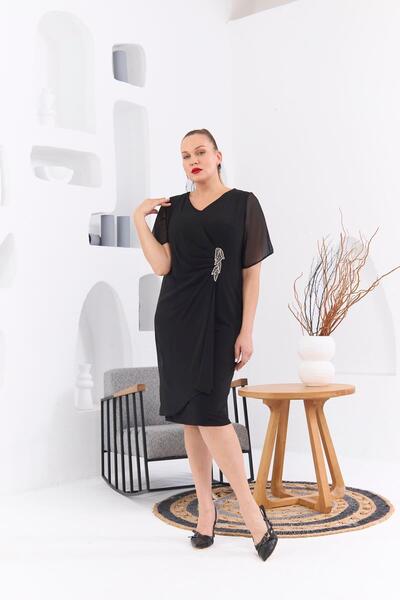 RMG Asimetrik Büyük Beden Taş Aksesuarlı Siyah Abiye Elbise11