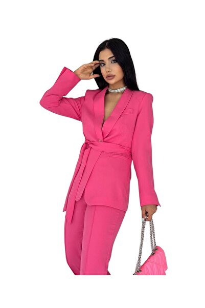 Genel Markalar Kadın Takım Elbise, Kemerli Şal Yaka Blazer Ceket Boru Paça Esnek Pantolon