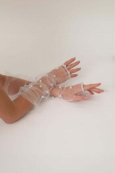 Grace Beauties Incili Beyaz Uzun Tül Eldiven