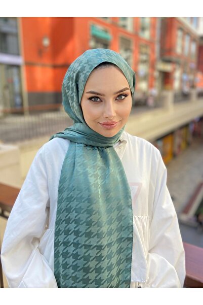 ŞahTan Houndstooth Pattern Mold Green Cotton Jacquard Shawl