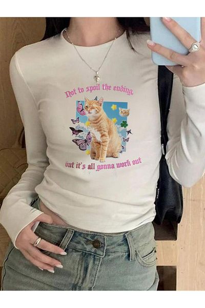 Touz Moda Μακρυμάνικο Adorable Cat Printed Μπλούζα Σώμα