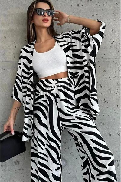 Kimono de damă cu croiala relaxată, alb-negru, cu fundul lung, costum de vară