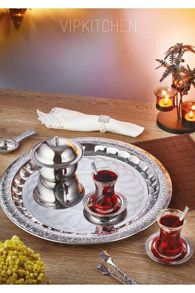 Vipkitchen Luxury Patterned Steel Tea Serving Tray 36 Cm
