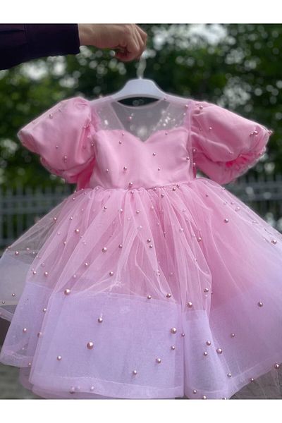 SAYUKER SHOP Girl's Balloon Sleeve and Pink Bead Detailed Evening Dress