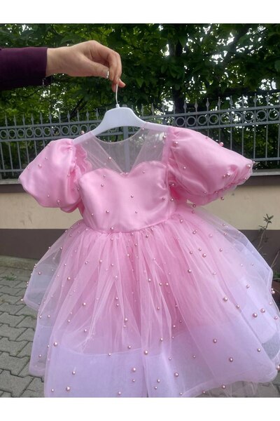 SAYUKER SHOP Pembe Boncuklu Balon Kol Kız Çocuk Abiye Elbise