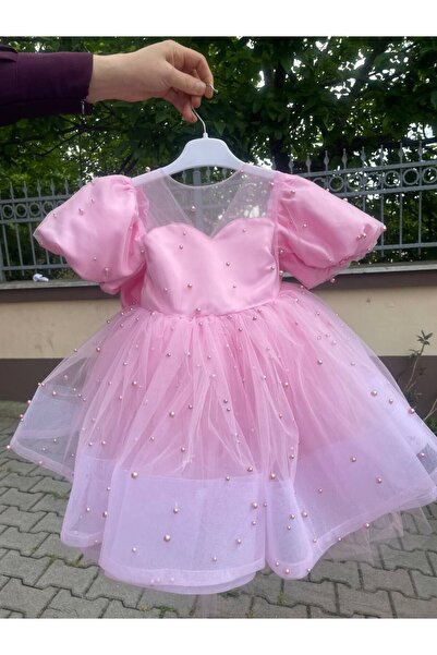 SAYUKER SHOP Pembe Boncuklu Balon Kol Kız Çocuk Abiye Elbise