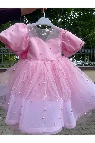 SAYUKER SHOP Girl's Balloon Sleeve and Pink Bead Detailed Evening Dress