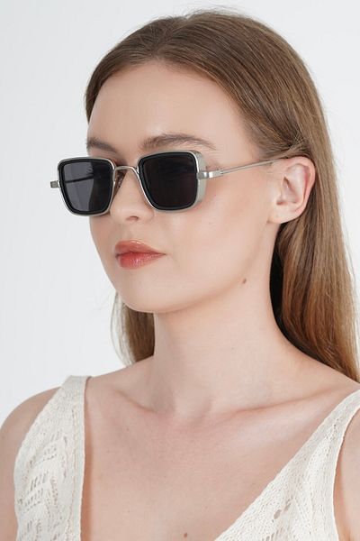 LOOKUP NEW Unisex Black Silver Metal - Uv400 Protection Sunglasses, Square Rectangle Design - New Season