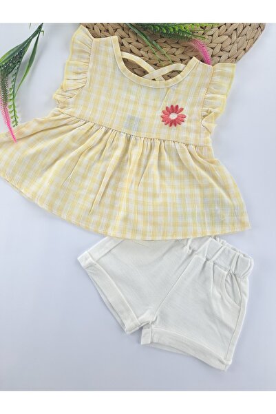 Butik Kız Çocuk/Bebek Keten Şort Gömlek Bluz İkili Takım Çİçek Nakışlı Sırt Ç...