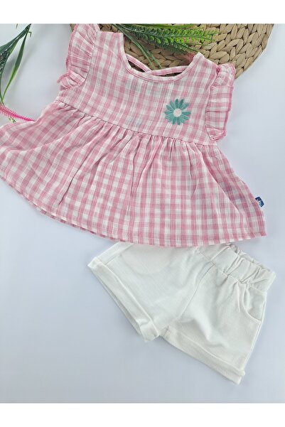 Butik Kız Çocuk/Bebek Keten Şort Gömlek Bluz İkili Takım Çİçek Nakışlı Sırt Ç...