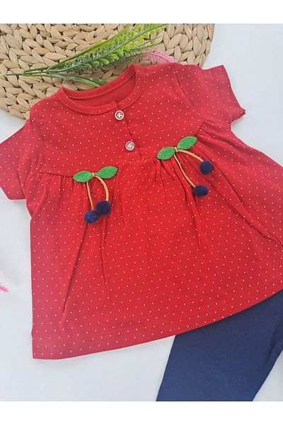 Butik Red Blue Tights and T-Shorts Set for Girls/Baby - Cherry Detailed Summer