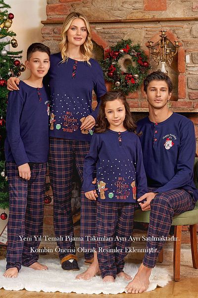 Cossy By Aqua 24048 Long Sleeve Cute Print Detail Women's New Year Navy Blue Pajama Set