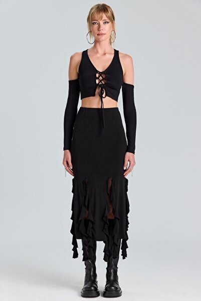 boutiquen 2783 Ruffled Long Black Skirt