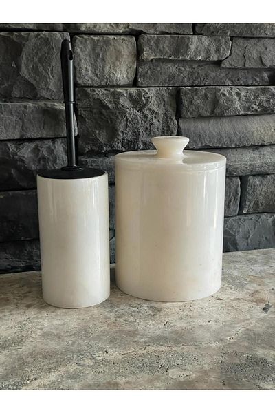 ege gross Marble White Trash Can with Handles and Brush Holder, Set of 2