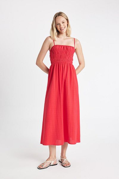 DeFacto Rotes Maxikleid mit Schlitz in Leinenoptik - Riemchen C9236AX24SM