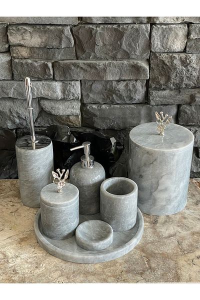 ege gross Gray Pollen Stone Marble Japanese Rose 7 Piece Bathroom Set with Silver Accessories