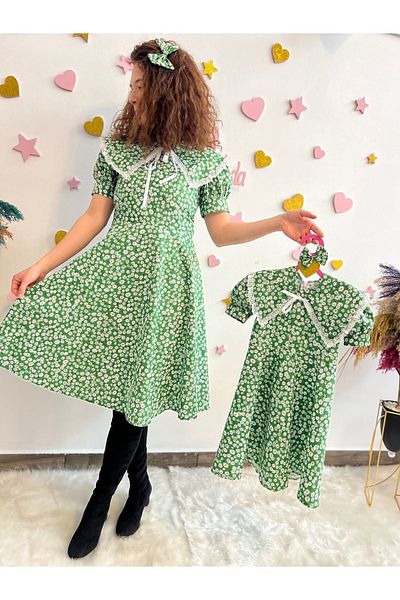 NA ADDESIGN Floral Dress with Mobile Collar, Mother Girl Vintage Dress (should be added separately to the cart is the single product price)