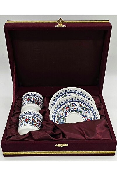 Ufuk 2li Kadife Kutulu Topkapı Porselen Kahve Fincanı Bordo