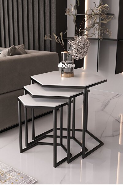 usta mekan Usta Altıgen Siyah Metal Beyaz Mdf Tablalı 3lü Zigon Sehpa