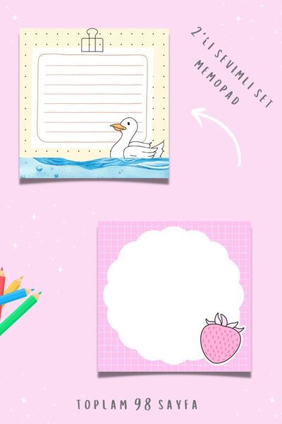 PastelSanat 2'li Sevimli Ördek ve Çilek Desenli Memopad , Bloknot , To do Lis...
