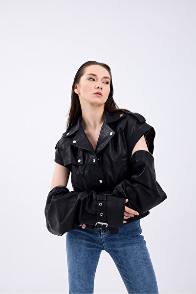 CE-YIL DERİ ÜRÜNLERİ OVERSİZE ÇIKMA KOLLU HAKİKİ DERİ  CEKET