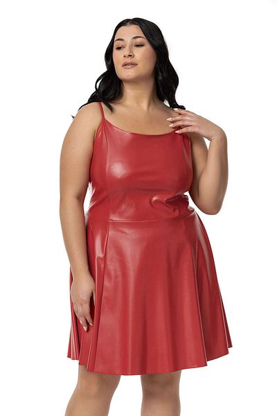 DISENTIS MODEST Red Leather Mini Dress - Large Size with Adjustable Thin Straps and Elastic Back