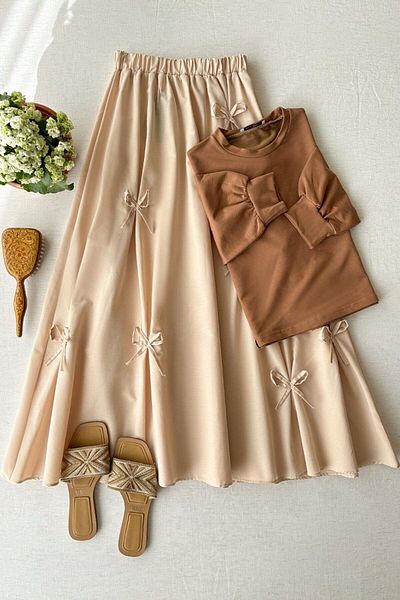 Ceylan Otantik Caramel 2 Yarn Crop & Cream Bow Skirt Set